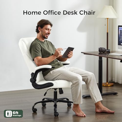 Image of amseatec Big and Tall Office Chair, Flip-Up, Executive Desk Chair, White