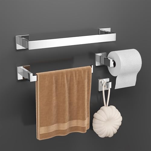 GOOPOOL 4 Piezas Toalleros de Juego de Accesorios de Ferreteria de Baño de Pared con Toallero 40cm,Barra de Toallas,Soporte de Papel Higiénico,Gancho de Bata Acero Inoxidable Plata Brillante