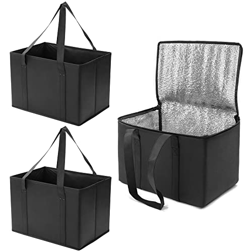DAREKUKU 3 Pack Reusable Grocery Bags, Foldable Washable Shopping Bags For Groceries With Reinforced Bottom & Handles (2 Grocery Tote Bags + 1 Insulated Cooler Bag)