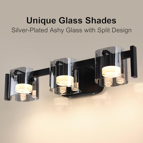 Image of MantoLite 3-Light Black LED Bathroom Vanity Light with Glass Shades | 3 Color Temperatures LED Bathroom Lighting Fixture Over Mirror, 15W 900 Lumen 30 Adjustable Matte Black Frame