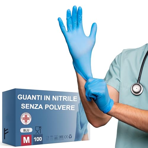 S&S Medical 100 Guanti NITRILE MONOUSO Resistenti senza polvere Dispositivo Medico ipoallergenici senza lattice | Medici Chef Estetisti Tatuatori Uso Alimentare | Varie Taglie Disponibili (Blu, M)