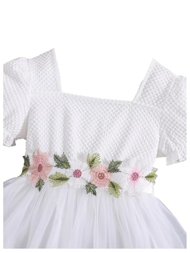 Verdusa Girl's Floral Puff Sleeve Mesh Dress Tie Waist Square Neck Flowy Midi Dresses3