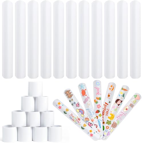 RICEDUO 36Pcs Slap Bracelets Bulk - White DIY Blank Snap Bands for Kids Birthday Party Favors School Crafts Halloween Christmas Goody Bag Fillers Creative Blank Wristbands for Events