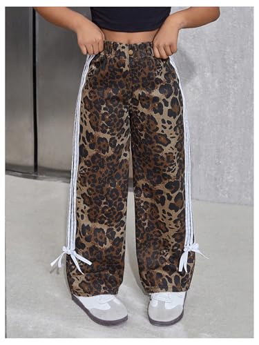 Floerns Girl's Cheetah Print Long Pants Striped Side Bowknot Baggy Wide Leg Trousers2
