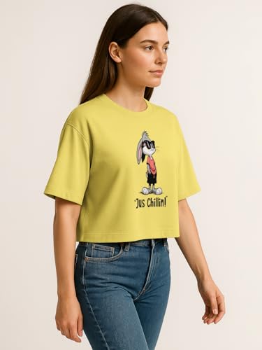 Image of HELLCAT Beige Printed Loose Fit Crew-Neck Crop T-Shirt for Women