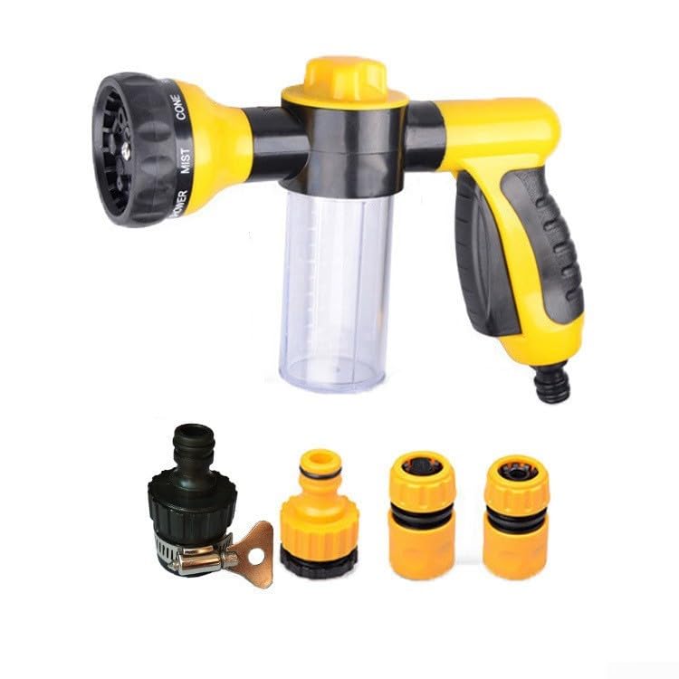 SiSinkal 8 Function Garden Hose Attachment Sprayer with Fertiliser Tank, Quick Connect Foam Nozzle for Cleaning Cars and Watering Plants, Adjustable Flow Control Watering Tool