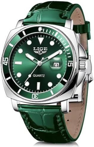 SACOSDING Quartz Watches for Men,Stainless Steel Waterproof Analog Watch,Luxury Big Face Comfortable Leather Strap Mens Watches,Date Luminous Business Dress Watch for Men(Green)