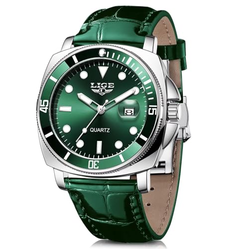 SACOSDING Green Leather Strap Watch