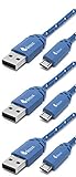 Fenix - 6 Feet - (3 pk) Nylon Braided Blue Micro USB [V9] Universal Data Cable - Lightning Fast Charging & Transfer for Samsung, HTC, LG, Nexus, Motorola, Sony, Android Smartphone & Tablet