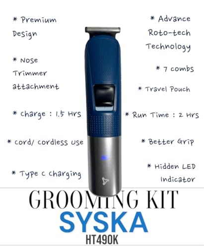 Image of SYSKA HT490K Professional 10-in-1 Grooming Kit for Men|Rechargable Beard Hair Nose Trimmer|120 min Runtime with Hidden LED Indicator|Advance Roto-tech Technology|Free Travel-Friendly Storage Pouch| 2-Year Warranty