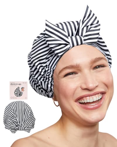Kitsch Luxury Shower Cap for Women Waterproof - Reusable Shower Cap | Hair Cap for Shower | Holiday Gift | Waterproof Hair Shower Caps for Long Hair | Non-Slip Cute Shower Cap One Size (BnW Stripes)