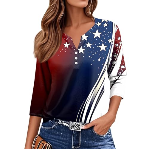 Image of 4th of July Shirts Women 3 /4 Length Sleeve Womens Tops Henley Neck Casual Patriotic T Shirts