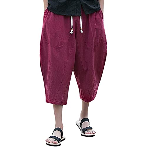 Maiyifu-GJ Men's Baggy Linen Capri Pants Loose Fit Yoga Drawstring Beach Pants Casual Wide Leg Below Knee Harem Pants