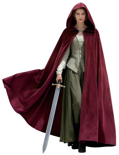 UQJE Medieval Cloak with Hood Halloween Renaissance Hooded Cape for Men and Women-Burgundy