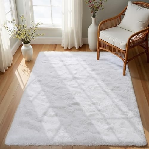 Small Bedside Rug, 3x5 Non Slip Fluffy Shaggy Entryway Throw Rugs for Bedroom Living Room, Indoor Floor Carpet for Kids Girls and Boys, Nursery Rooms Mat, Home Decor Aesthetic, White