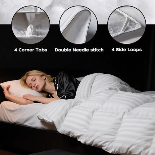 puredown Goose Feather Comforter King Size - All Season Duvet Insert, Ultra Soft Stripe 100% Cotton Shell Hotel Collection Comforters, 500 Thread Count with Ties (106x90'',Stripe White) - Thumbnail 3