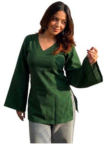 Image of ANNI Designer Short Kurti for Women Solid Design | V Neck Full Sleeve Kurti Tops for Women | Stylish Kurtis & Short Kurtis for Woman | Casual Kurti with Jeans | Kurtas for Woman