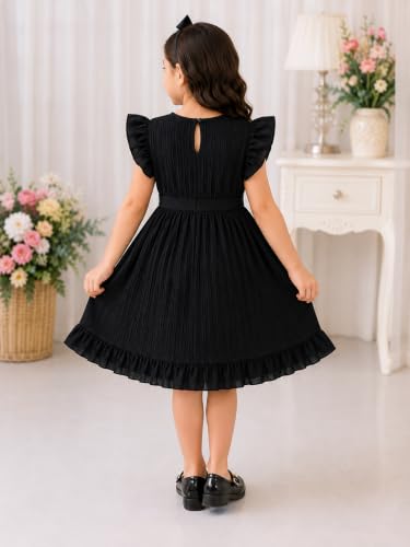 Image of Girls Dress Flutter Sleeve Round Neck Crinkle Pleated Fit & Flare Frock Satin Waist Bow Ruffle Hem Knee Length Birthday Party (2-14Y)