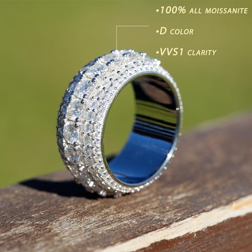 VVS1 5 Row Moissanite Iced Finger Pinky Ring for Men & Women, 18k Gold Plated Solid 925 Sterling Silver Hip Hop Ring 11mm Wide, D Color, GRA Certified4