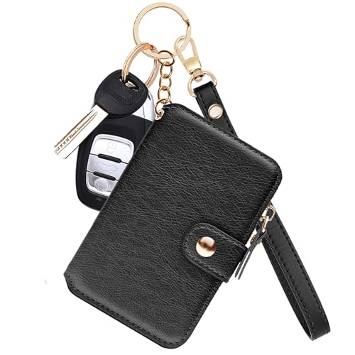 Image of M-Plateau RFID Blocking Keychain Wallet With Leather Wrist Strap | Keychain Wristlet, Womens Card Holder with Zipper Coin Pocket and ID Window(Black)