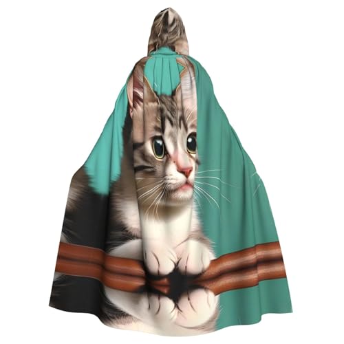 Cape à capuche imprimé chat curieux adulte robe de chambre longue style mixte noir