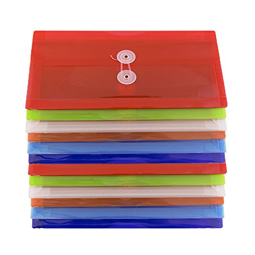 JAM PAPER Plastic Envelopes with Button & String Tie Closure - #10 Business Booklet - 5 1/4 x 10 - Assorted Colors - 12/Pack