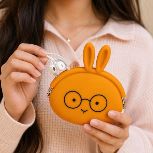 Image of FunBlast Cute Bunny Shape Silicone Coin Purse for Kids & Adults - Mini Pouch for Coins, Earphones, Keys & Small Essentials, Aesthetic Pouches for Girls & Women - 12 X 9.5 X 3 Cm (Bunny-Brown)
