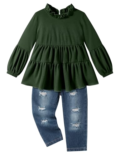 Sinda Toddler Girl Clothes Ruffle Tops and Ripped Jeans Pant Sets Cute Girls Outfits for Fall Winter 2-7 Years
