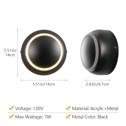 Image of 5.51in Small Wall Sconces Set of Two Rotatable Black Wall Sconce LED Modern Wall Light Fixtures Indoor Wall Lights for Living Room Bedroom Hallway Toy Room