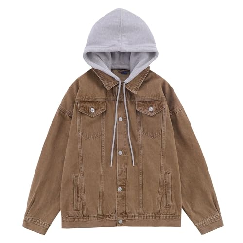 DGKaxiyaHM Men's Distressed Vintage Windproof Denim Jacket Hooded Button Down Jean Coat Outdoor Outerwear With Pockets (Medium,Brown)