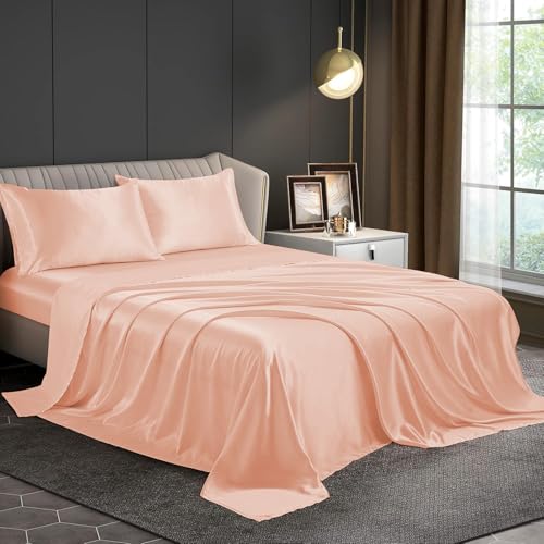 Image of Homestan Satin Bedsheet for King Size Bed with 2 Pillow Covers, Modern Bed Sheet for Romantic Nights(100x108 inches, Peach)
