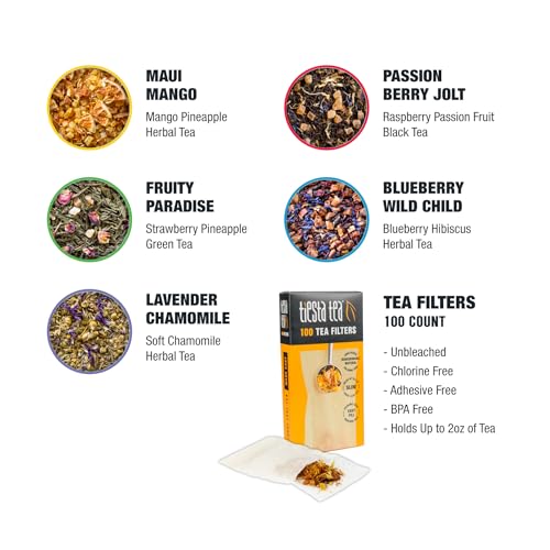 Image of Tiesta Tea Premium Starter Loose Leaf Sampler Kit - Classic Tea Blends, High to Non Caffeinated, Hot & Iced Brews, Starter Set with Black, Green, Herbal Sample Bags and 100 Disposable Tea Filters