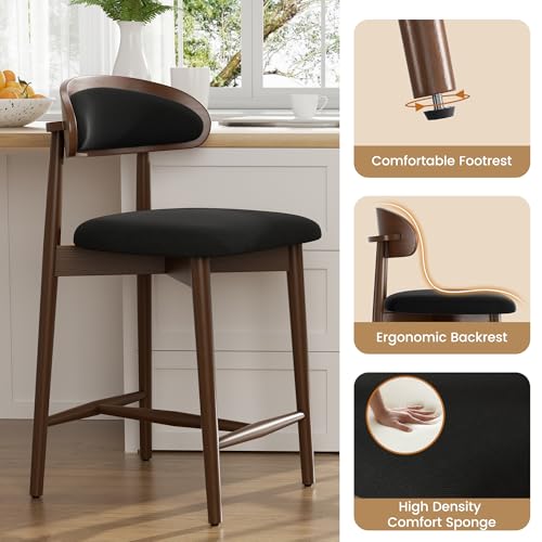 Image of Bar Stools Set of 6, Upholstered Counter Height Bar Stools, Mid Century Modern Counter Stools with Wood Legs for Kitchen Island, Black
