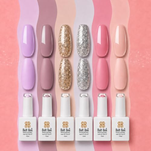 Image of Bolt Bee Gel Polish Kit, 6 Colors Light Soft Sakura White Nude Spring Soak off Nail Art Design Manicure Kit at Home (08)