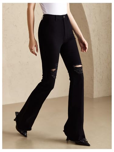 Women's Ripped Flare Jeans High Waisted Raw Hem Dressy Casual Denim Pants3