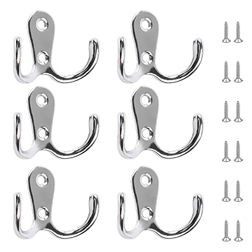 EXGOX 6 Pcs Double Prong Robe Hooks, Dual Coat Hooks Wall Mounted Hanging Clothes for Bathroom Bedroom Door Wall Retro Metal Cloth Hanger Double Coat Hooks with 12 Screws (Sliver)…
