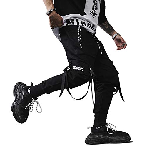 Rljt Jin Men's Elastic Waist Harem Pants Jogger Drawstring Motor Biker Punk Trousers Hip Hop Pockets Sweatpants (X-Large, Black 1) #TOP3