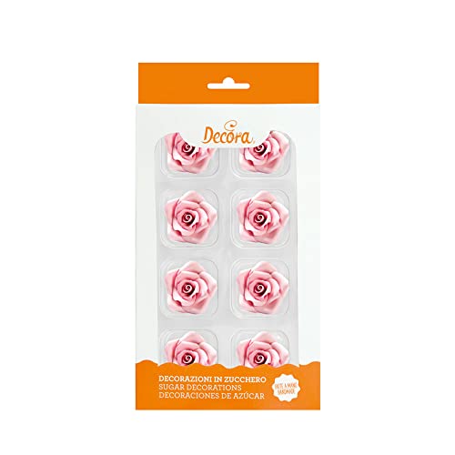 Decora 0500372 Rosas medianas de azúcar, 3,5 cm, rosa, Hechas a mano con colorantes de extracción natural, Empaquetadas en blister, Ideales para decorar pasteles y dulces, Paquete de 8 unidades.