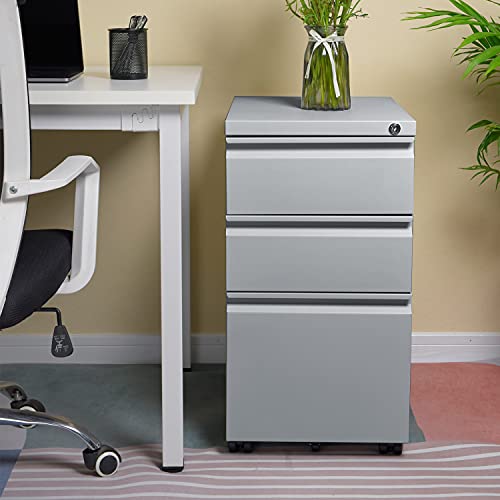 Fuwfuz 28.8" H 3-Drawer Vertical File Cabinets Anti-Tilt Design，Mobile Locking Filing Cabinet Rolling Pedestal Under Desk, Letter/Legal Size, Fully Assembled Except Casters (Grey) #TOP6