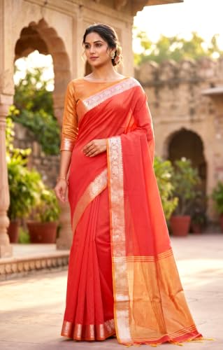 Image of Women's Pure Cotton Banarasi Silk Saree With Unstitched Blouse Piece