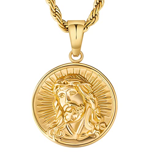 KRKC&CO Gold Jesus Pendant Medallion Necklace Men, Cross/St Christopher Circle Coin Vintage, Birthday Gift for Him Husband, 2.5mm, 22in