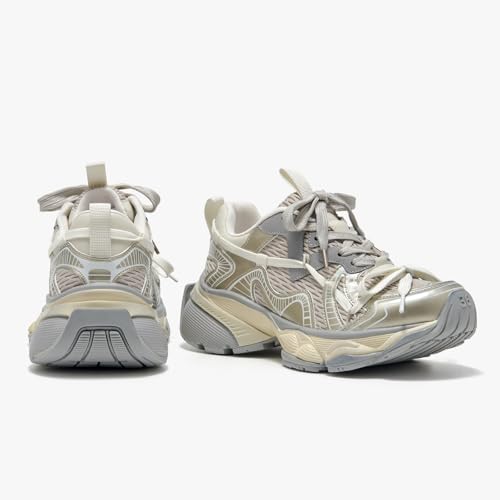 BEAU TODAY Womens Platform Fashion Sneakers, Chunky Leather Walking Shoes for Women, Casual Dress Comfortable Non-Slip Lace-up Mesh Running Gym Shoes 7