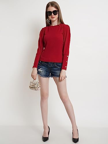 Image of POPWINGS Casual Solid Puff Button Long Sleeves Top for Women || Summer Round Neck Stylish Western Top for Jeans