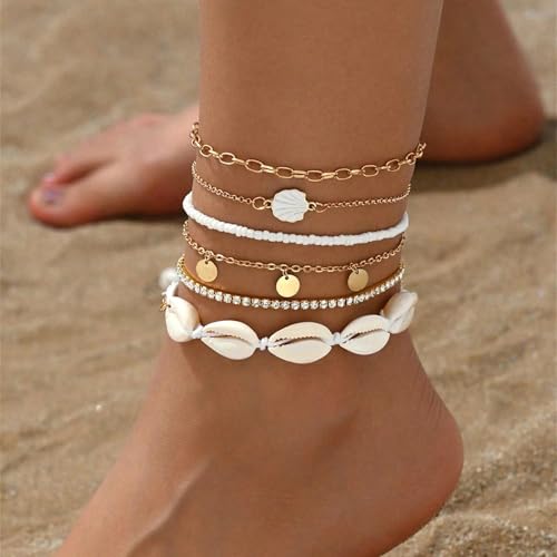 Image of Qceasiy Bead Ankle Bracelets Set For Women, Adjustable Gold Plated Boho Shell Anklet, Hawaiian Beach Seashell Pearl Disc Starfish Conch Foot Jewelry, Summer Fashion Gifts