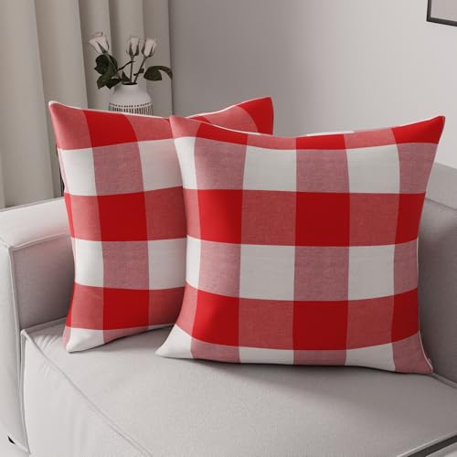 Image of Encasa XO Farmhouse Throw Pillow Covers Set of 2 24x24 in Buffalo Red Checks | Decorative Cushion Covers No Inserts | Plaid and Stripes Pillow Covers for Living Room, Couch