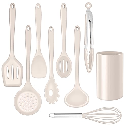 HaWare Set di utensile da cucina in silicone, 9 pezzi, resistente al calore, antiaderente, con porta utensili, lavabile in lavastoviglie, colore kaki