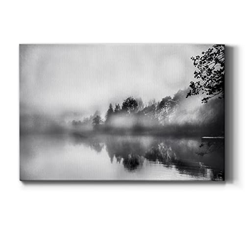 Renditions Gallery Black White Mist Mountain Lake Landscape Canvas Wall Art for Home Décor,Soft Wonders,Ready to Hang, 18''x 12'', Made in America
