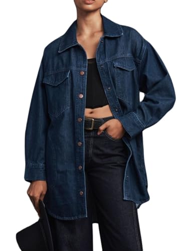 LifeShe Denim Womens Shacket Oversized Jean Jacket Boyfriend Pocket Long Shirt