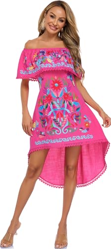 Image of YZXDORWJ Women's Mexican Asymmetrical Dress Embroidered Floral Off-Shoulder Cocktail Latina Fiesta Dress