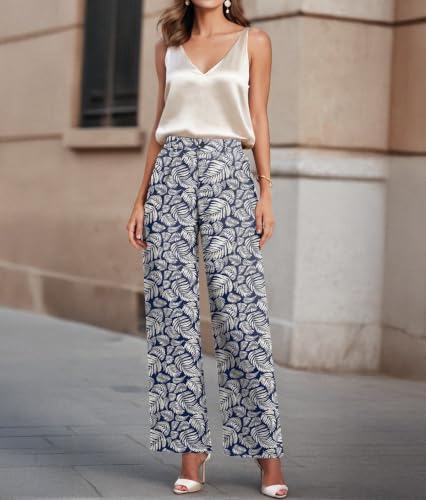 Image of Feiersi Womens Casual Wide Leg Pants High Waisted Button Down Straight Long Trousers Palazzo Pants